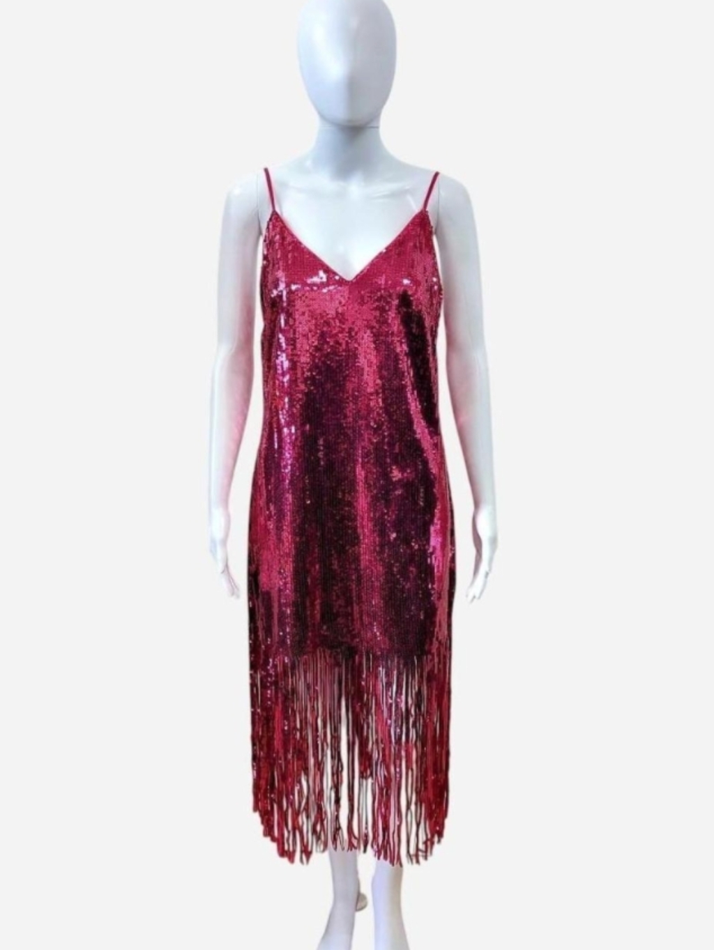 H&M Pink Sequined Midi Dress Features A Classic V-Neckline, Adjustable Spaghetti